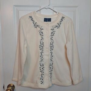 Basic Editions Vintage Y2K White Fleece Floral Embroidered Cardigan Sweater Sz S